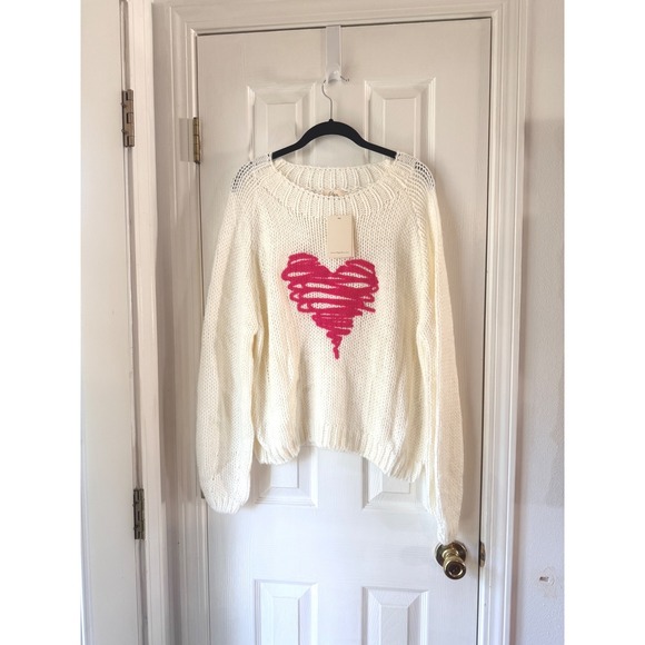 Elan Heart Crewneck Sweater Off White Pink Squiggle Heart BD-SWP11468 MEDIUM NEW - Picture 2 of 5